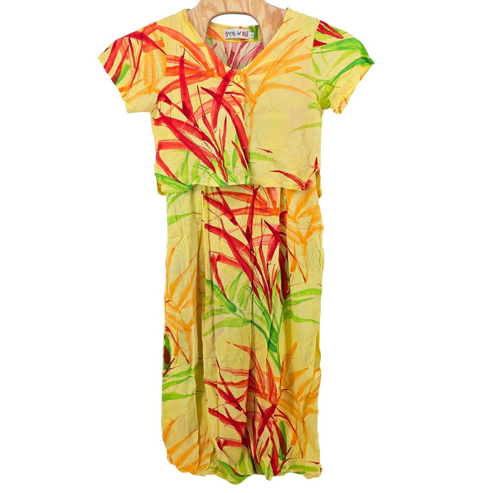Jams World 2 Piece Set Yellow Tropical Rayon Dress & cover top Womens L